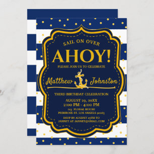 The Nautical Anchor Navy & Gold Strip Baby Birthda Einladung
