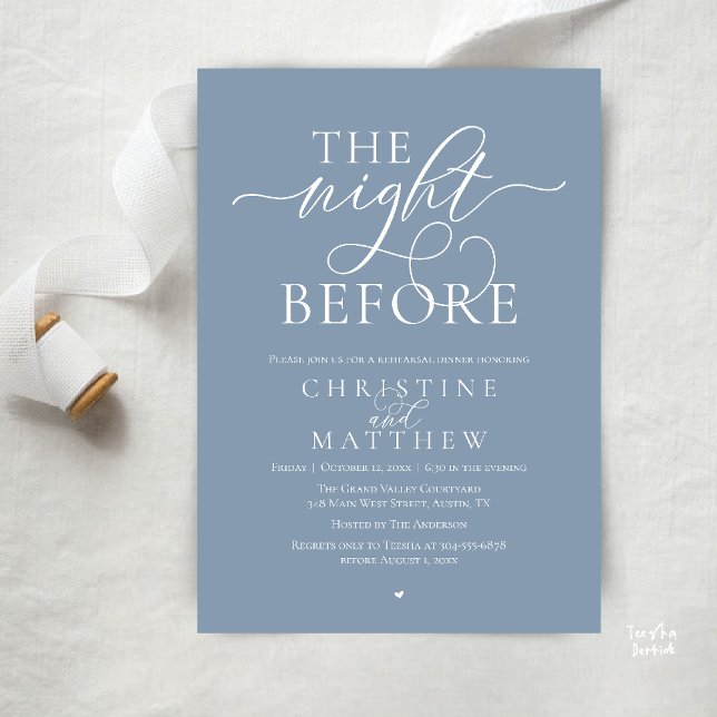 The Night Before, Classy Wedding Rehearsal Dinner Einladung (The Night Before, Classy Wedding Rehearsal Dinner Invitation Card in Dusty Blue)