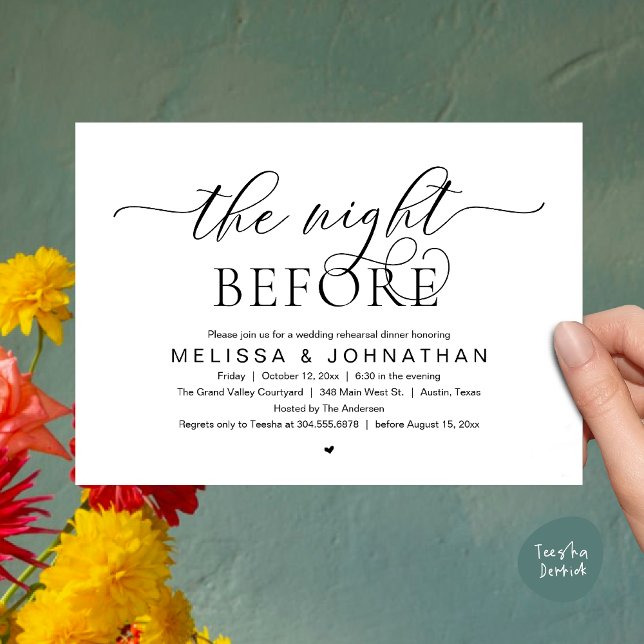 The Night Before, Classy Wedding Rehearsal Dinner Einladung (The Night Before, Classy Modern Wedding Rehearsal Dinner Invitation Card PDF Black White)