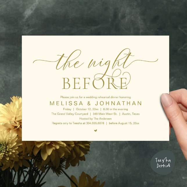 The Night Before, Classy Wedding Rehearsal Dinner Einladung (The Night Before, Classy Wedding Rehearsal Dinner Invitation card PDF Modern aesthetic Yellow Gold)