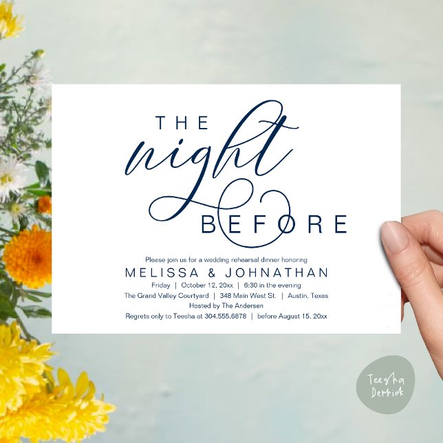 The Night Before, Classy Wedding Rehearsal Dinner Einladung (The Night Before, Classy Romantic Wedding Rehearsal Dinner Invitation Card PDF Modern Navy Blue)