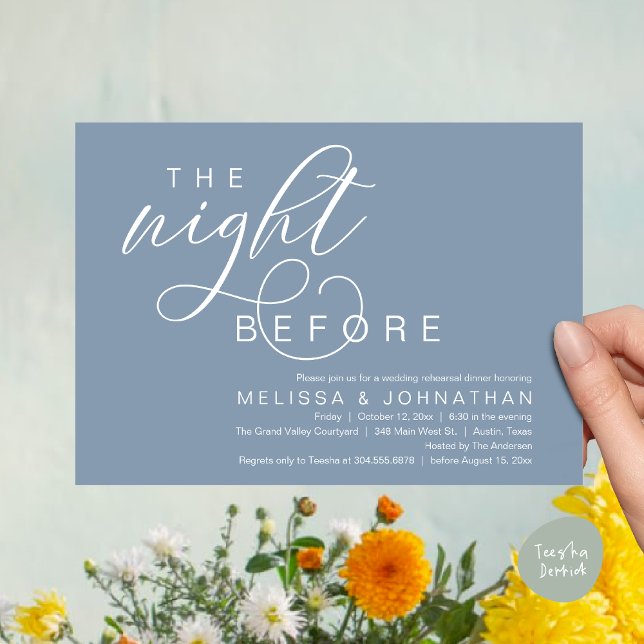 The Night Before, Classy Wedding Rehearsal Dinner Einladung (The Night Before, Classy Romantic Wedding Rehearsal Dinner Invitation Card PDF Modern Dusty Blue)