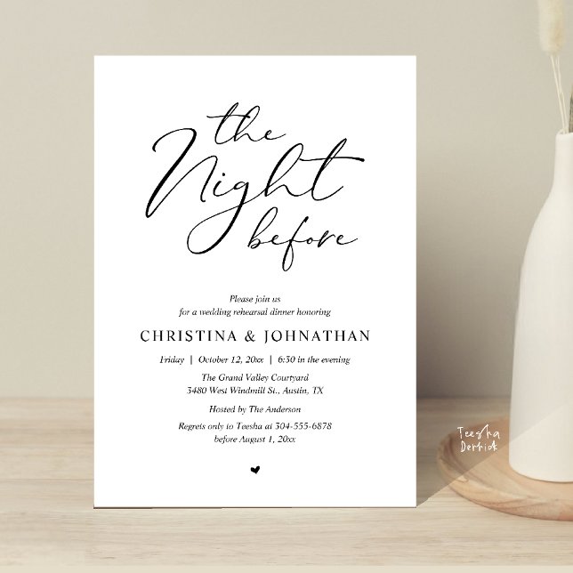 „The Night Before“ Elegantes Skript Probedinner Einladung (“The Night Before” Elegant Script Romantic Rehearsal Dinner Invitation Card Black White)
