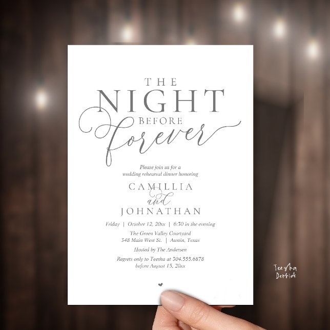 “The Night Before Forever” Modern Rehearsal Dinner Einladung (“The Night Before Forever” Modern classy minimalist Rehearsal Dinner Invitation Card dark grey)