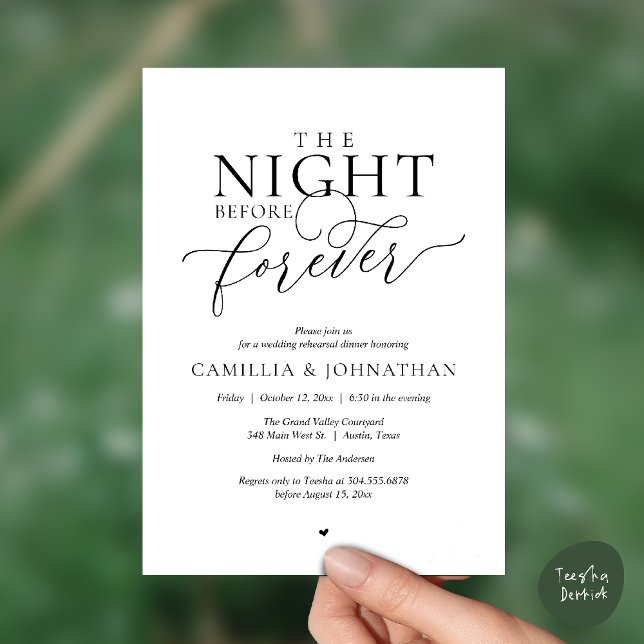“The Night Before Forever” Modern Rehearsal Dinner Einladung (“The Night Before Forever” Modern Rehearsal Dinner Invitation Card in Black and White)