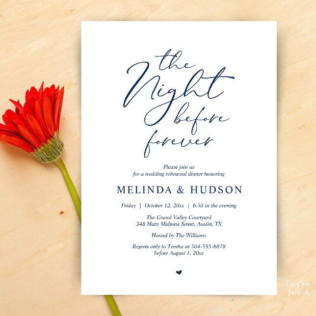 The Night Before Forever Romantic Rehearsal Dinner Einladung (Modern Romantic Wedding Rehearsal Dinner The Night Before Forever Invites Card in Navy Blue)