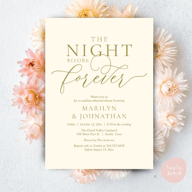 The Night Before Forever, Wedding Rehearsal Dinner Einladung (The Night Before Forever Wedding Rehearsal Dinner Romantic Classy Invites Card PDF in Yellow Gold)