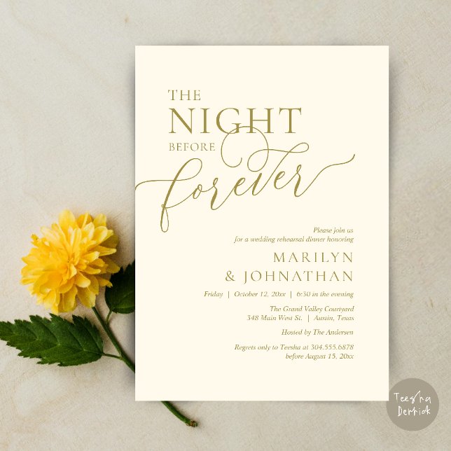 The Night Before Forever, Wedding Rehearsal Dinner Einladung (The Night Before Forever Wedding Rehearsal Dinner Romantic Classy Invites Card PDF in Yellow Gold)