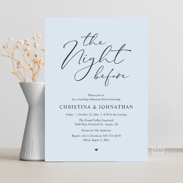 „The Night Before“ Misty Blue Probe-Dinnerparty Einladung (“The Night Before” Elegant Script Romantic Rehearsal Dinner Invitation Card Misty Blue)