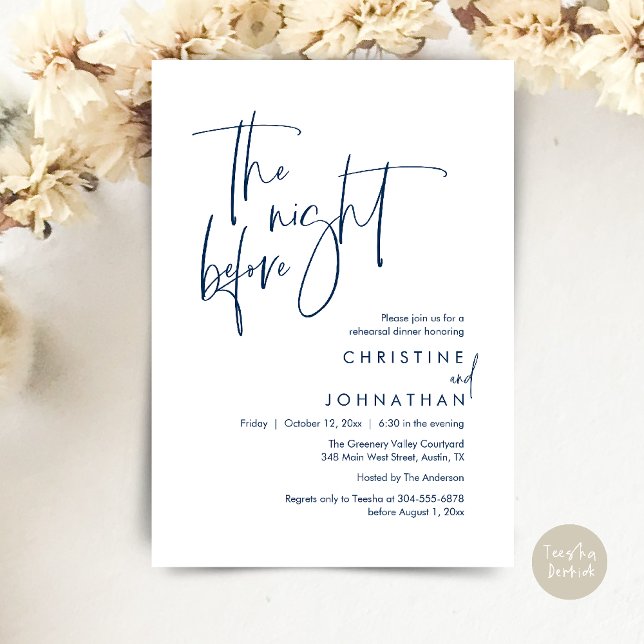The Night Before, Modern Casual Rehearsal Dinner Einladung (The Night Before, Modern Wedding Rehearsal Dinner Invitation Card in Navy Blue)