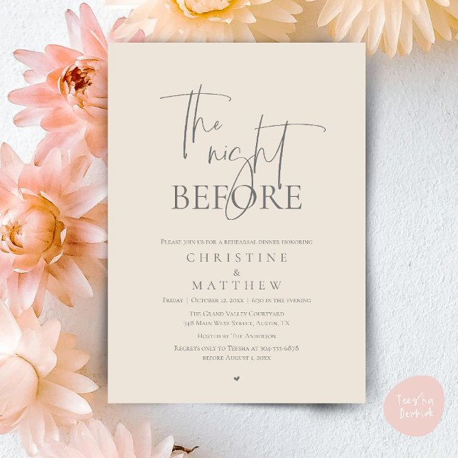 The Night Before, Modern Wedding Rehearsal Dinner Einladung (The Night Before, Modern Wedding Rehearsal Dinner Invitation Card in Cream Grey)