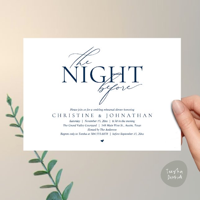 The Night Before, Modern Wedding Rehearsal Dinner  Einladung (The Night Before, Modern Wedding Rehearsal Dinner Invitation Card in Navy Blue)