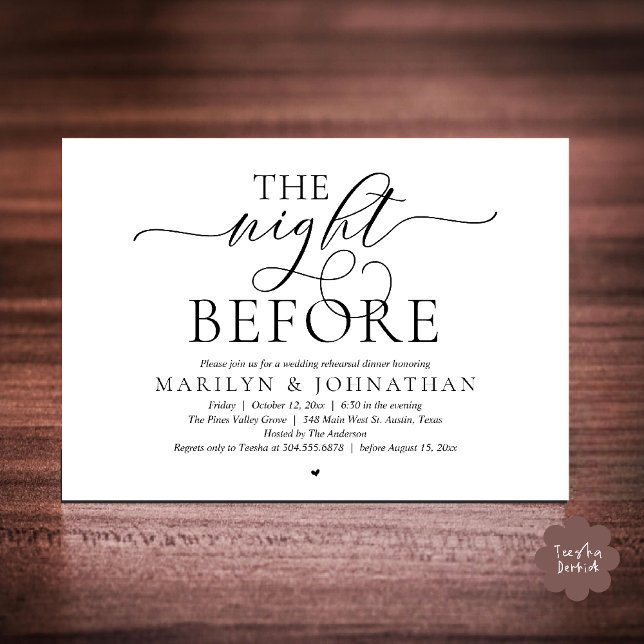 The Night Before, Modern Wedding Rehearsal Dinner Einladung (The Night Before, Modern Romantic Classy Wedding Rehearsal Dinner Invitation Card in black and white)