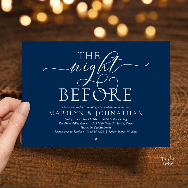 The Night Before, Modern Wedding Rehearsal Dinner Einladung (The Night Before, Modern Romantic Classy Wedding Rehearsal Dinner Invitation Card in navy blue)