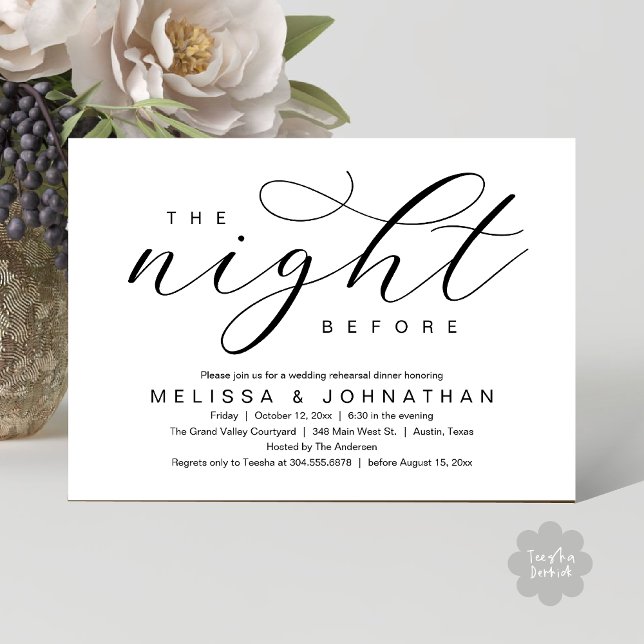 The Night Before, Modern Wedding Rehearsal Dinner Einladung (The Night Before, Classy Modern Wedding Rehearsal Dinner Invitation Card PDF Black White)