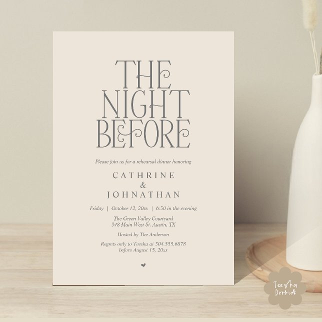 "The Night Before" Probedinner Grau Creme Einladung (Minimalist "The Night Before" Rehearsal Dinner Invitation Card in Cream Grey)
