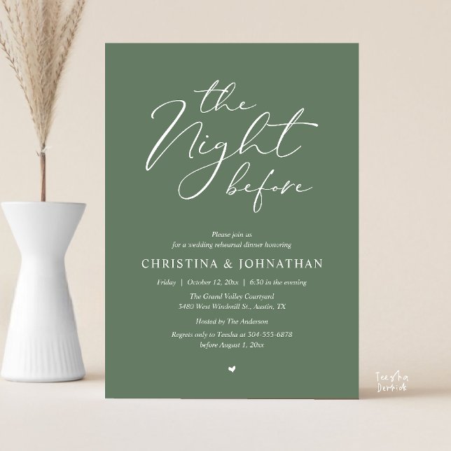 „The Night Before“ Sage-Grünes Probe-Dinner-Essen Einladung (“The Night Before” Elegant Script Romantic Rehearsal Dinner Invitation Card Sage Green)