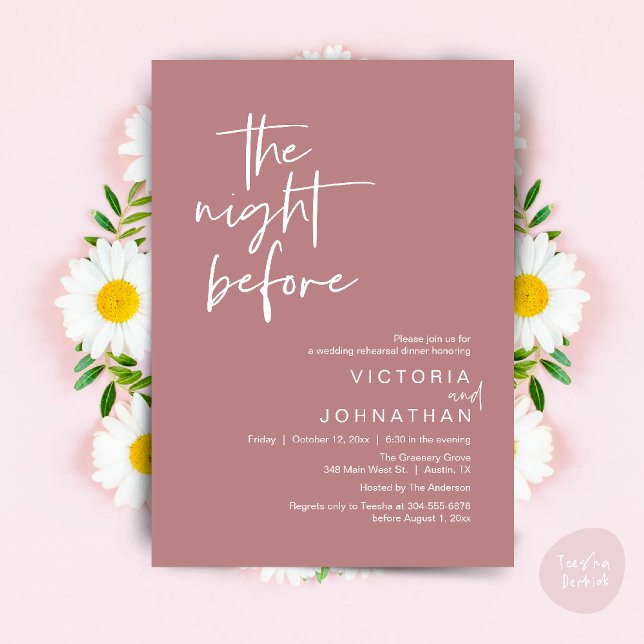 The Night Before, Wedding Rehearsal Party Dinner Einladung (The Night Before, Wedding Rehearsal Dinner Party Invites Card PDF Romantic Modern Casual Dusty Rose)