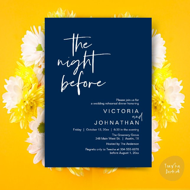 The Night Before, Wedding Rehearsal Party Dinner Einladung (The Night Before, Wedding Rehearsal Dinner Party Invites Card PDF Romantic Modern Casual Navy Blue)