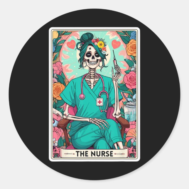 The Nurse Tarot Card Funny Skelett Nurse Hexy Runder Aufkleber (Vorderseite)