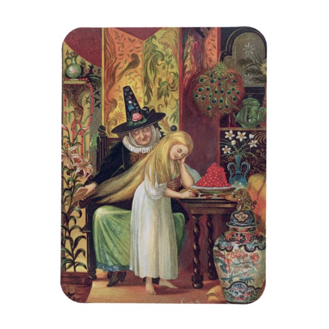 The Old Witch combing Gerda's hair with a golden c Magnet (Vertikal)