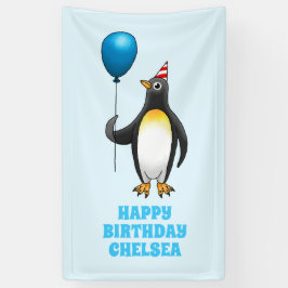 The penguin with the blue balloon banner