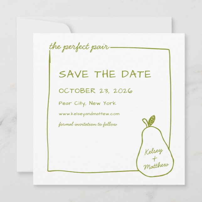 "The Perfect Pair" Green Pear Chic Wedding Foto Save The Date (Vorderseite)