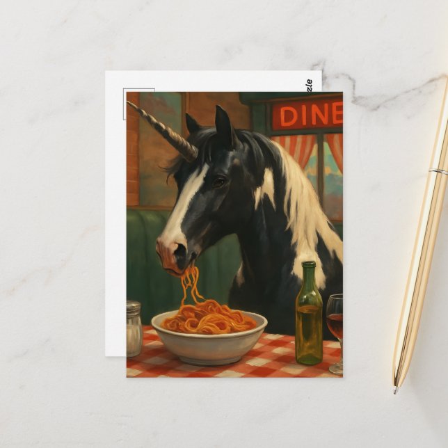 The pinto unicorn in a diner eating Spaghetti Postkarte (Vorderseite/Rückseite Beispiel)