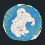 The Playful Shishi: Whimsical  Hocker<br><div class="desc">Infuse your living space with the serene wonder of this whimsical Japanese Nihonga masterpiece, beautifully reproduced on this exquisite round art pouf. This artwork presents a delightful and playful take on the traditional Shishi (獅子 - lion), a mythical beast often depicted as a fearsome guardian. Here, a lovable white lion...</div>