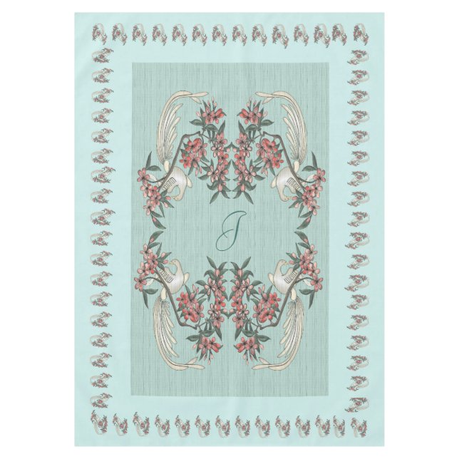 The Romance of Silk w/ Monogram 60" x 84" Aqua Tischdecke (Vorderseite)