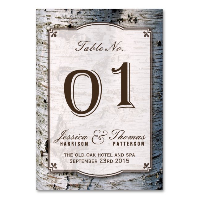 The Rustic Silver Birch Tree Wedding Collection 01 Tischnummer (Vorderseite)