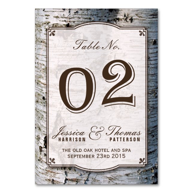 The Rustic Silver Birch Tree Wedding Collection 02 Tischnummer (Vorderseite)