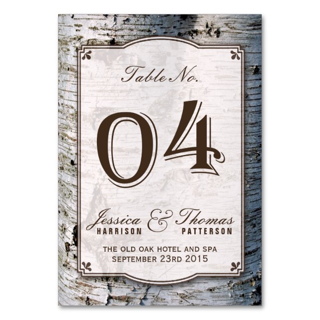 The Rustic Silver Birch Tree Wedding Collection 04 Tischnummer (Vorderseite)