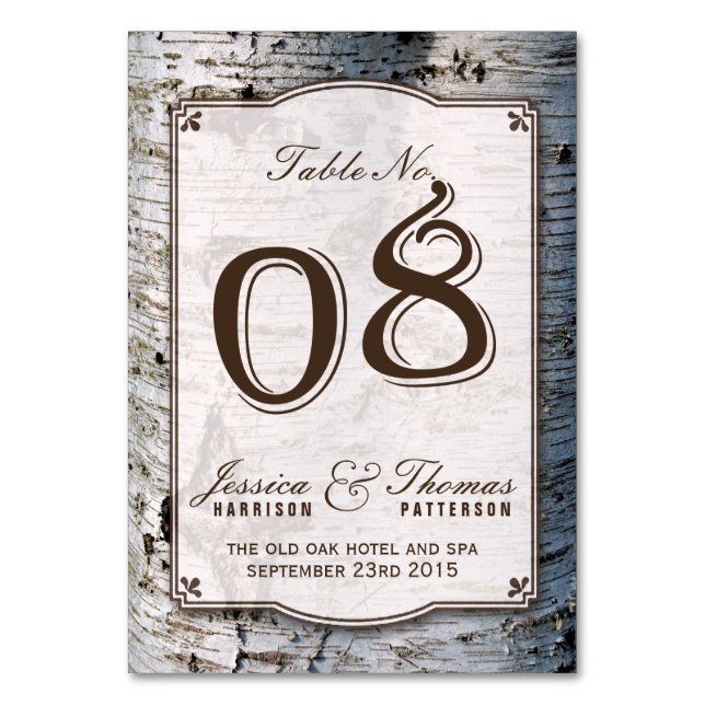The Rustic Silver Birch Tree Wedding Collection 08 Tischnummer (Vorderseite)