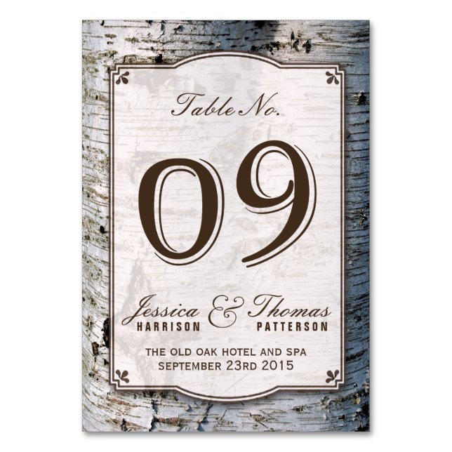 The Rustic Silver Birch Tree Wedding Collection 09 Tischnummer (Vorderseite)