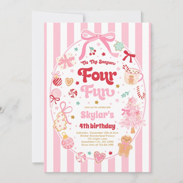 The Season Four Fun Christmas Bow 4th Birthday Einladung (Vorderseite)