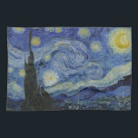 The Starry Night, oil painting, Vincent Van Gogh Geschirrtuch<br><div class="desc">Vincent Van Gogh, June 1889 post impressionist modern art oil painting on canvas nighttime landscape painting of a swirly starry blue sky with a bright yellow crescent moon; the planet Venus is also visible. An exaggerated large cypress tree can be seen in the foreground. this painting depicts the view from...</div>