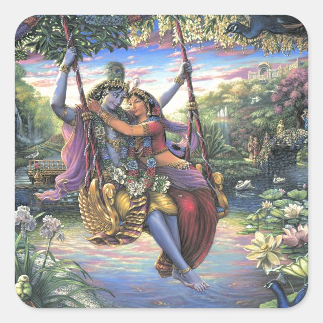 The Swing Pastime - Radha und Krishna Quadratischer Aufkleber (Vorderseite)