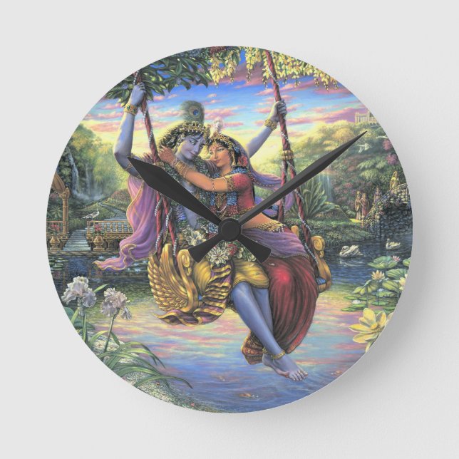 The Swing Pastime - Radha und Krishna Runde Wanduhr (Vorderseite)