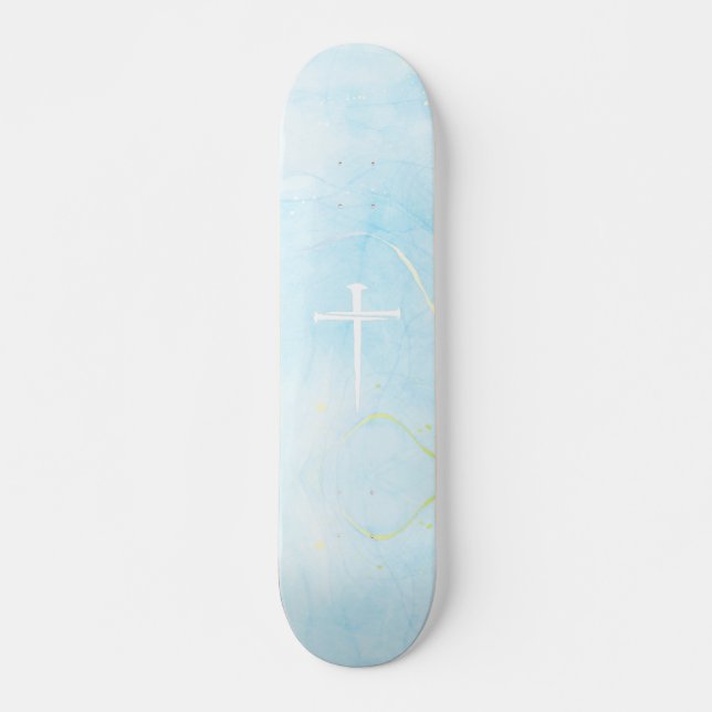 The Three Nails Cross Blue Marble Christian Skateboard (Vorne)