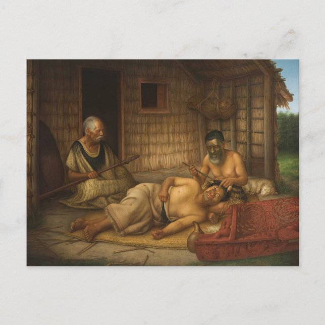 "The Tohunga-ta-moko at Work" - G. Lindauer Postkarte (Vorderseite)