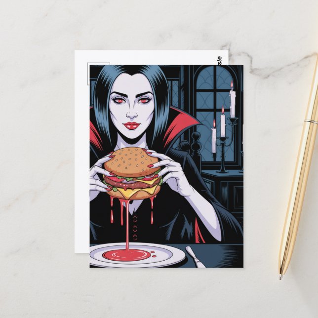 The Vampire With a Cheeseburger Postkarte (Vorderseite/Rückseite Beispiel)