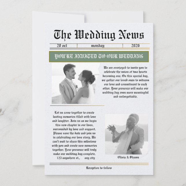 The Wedding News Vintage Newspaper Wedding  Einladung (Vorderseite)