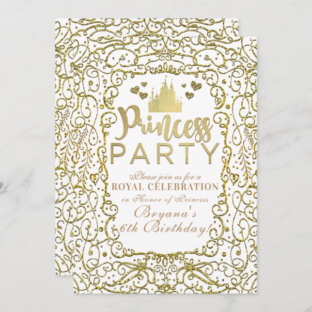 The White & Gold Royal Burg PRINCESS PARTY Geburts Einladung (Vorne/Hinten)