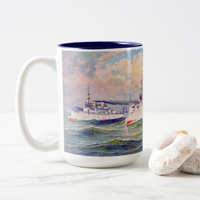 "The white squadron" United Staaten Navy, 1893 Zweifarbige Tasse (Mit Donut)