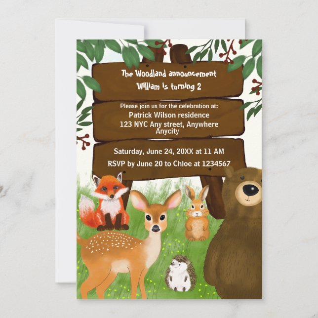The Woodland Birthday Party Forest Animals Kids Einladung (Vorderseite)