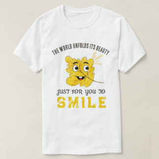 "The World Unfolds Its Beauty" Yellow Smiling Leaf T-Shirt