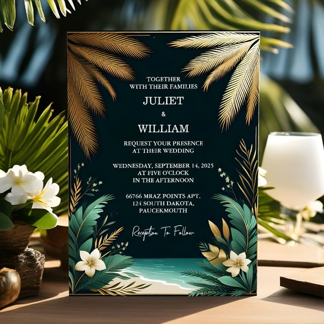 The Wreath Palm Tree Beach Green And Gold Wedding Einladung (Von Creator hochgeladen)