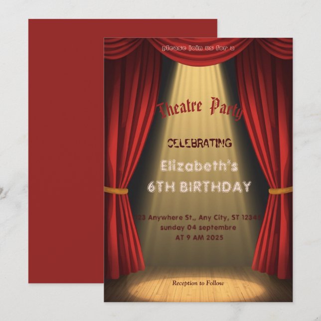 Theatre Marquee Party Invitation – Birthday invite Einladung (Vorne/Hinten)