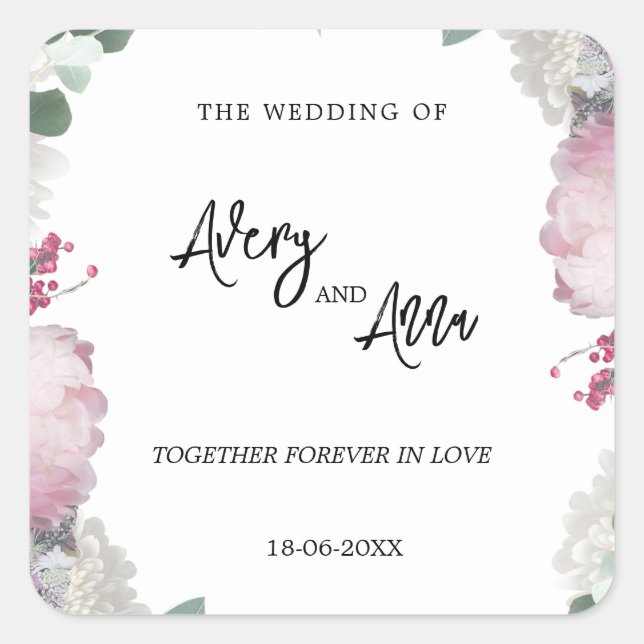 Thema Blumenhochzeit Quadratischer Aufkleber (Vorderseite)